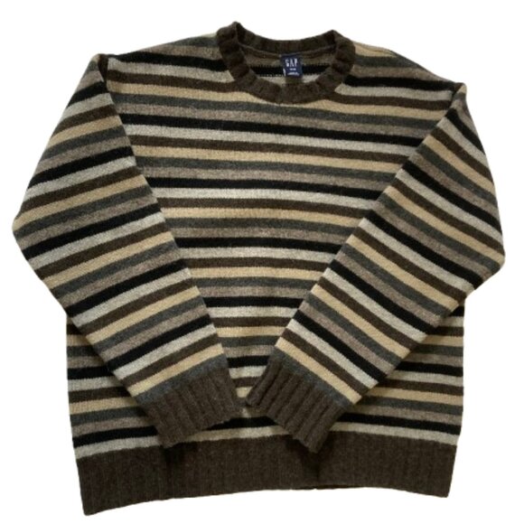 Gap Men's Lambswool Sweater Vintage Striped Crew Neck Mostly Browns, sz Medium - Picture 1 of 11